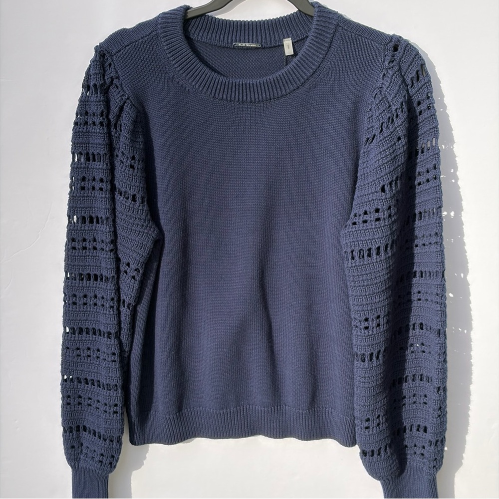 Elie Tahari Cotton Sweater NWT - Navy Crochet Sleeve Pullover - Size L